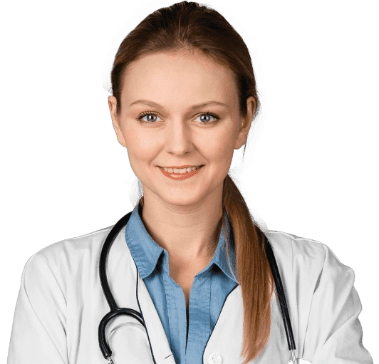A person who is wearing a white lab coat over a blue collared shirt. They have a stethoscope draped around their neck.