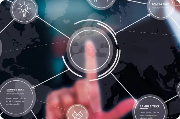 A hand interacts with a holographic interface displaying a world map in the background, surrounded by interconnected nodes and circles. The design features a futuristic digital network with icons representing ideas, connections, and data.