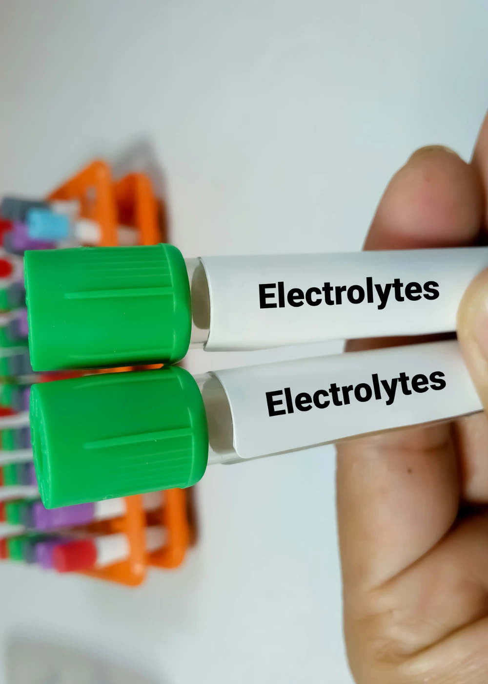 Two blood collection tubes with green caps are held in a hand, each labeled "Electrolytes" in bold black text. In the background, a rack holds additional tubes with various colored caps.